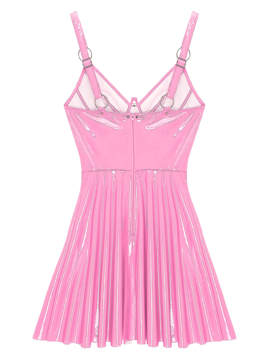 Abito sottoveste in pelle verniciata Sexy effetto bagnato da donna O-Ring rivetti con spalline scollo a V Punk gotico a-line Mini abiti Rave Party Clubwear