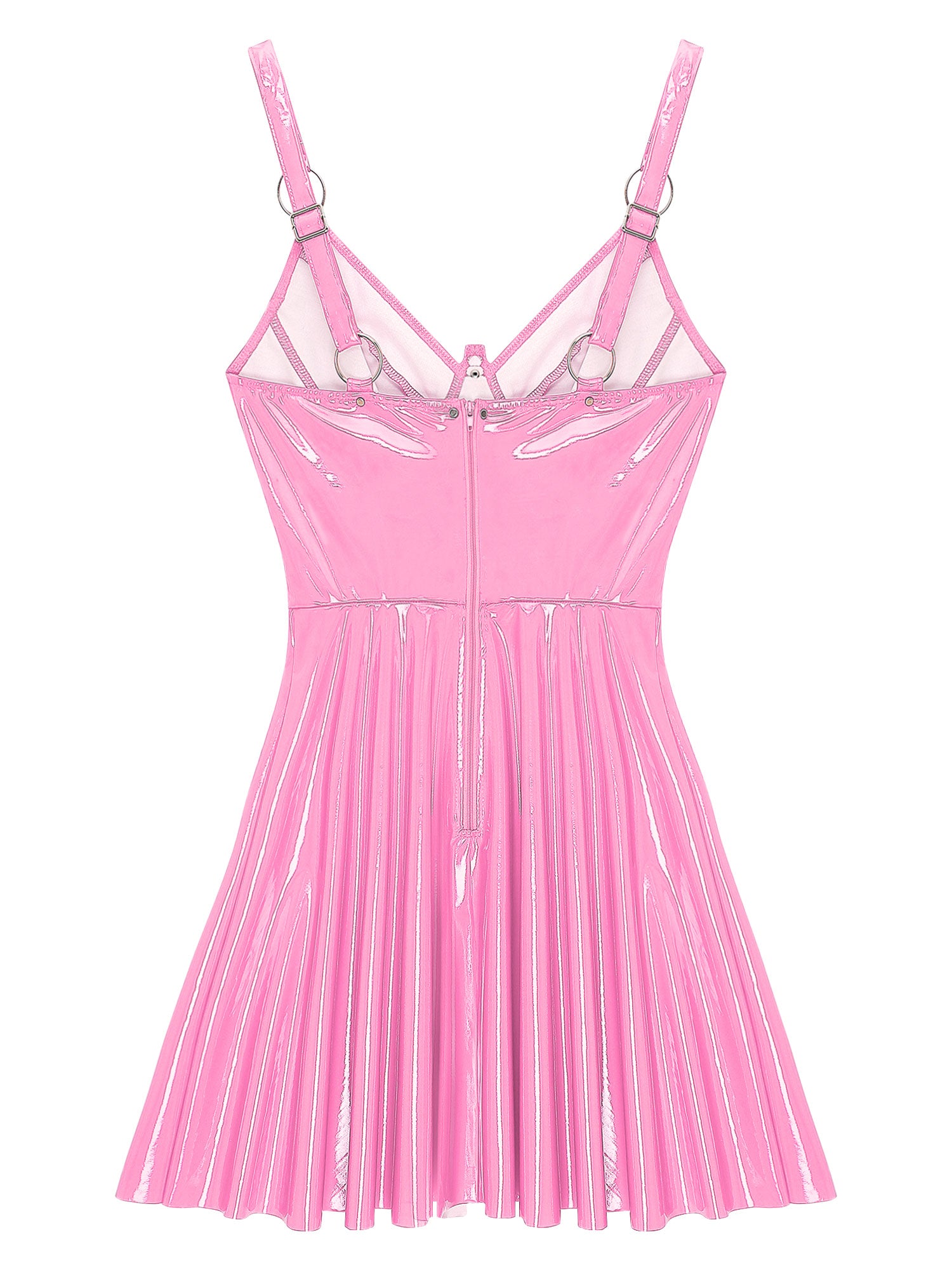 Abito sottoveste in pelle verniciata Sexy effetto bagnato da donna O-Ring rivetti con spalline scollo a V Punk gotico a-line Mini abiti Rave Party Clubwear