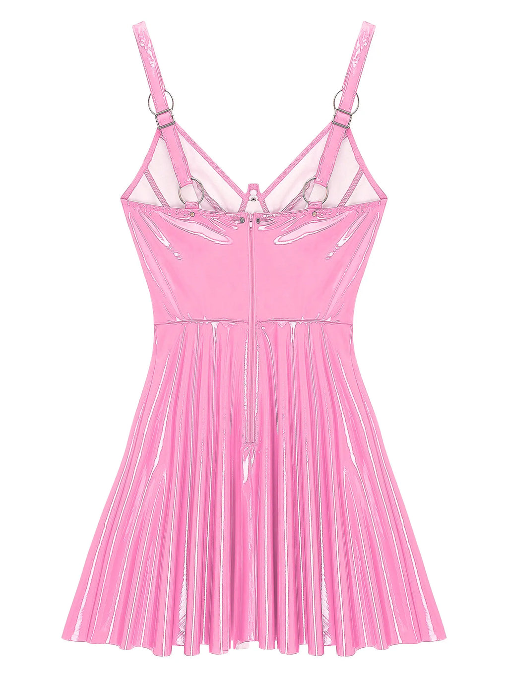 Abito sottoveste in pelle verniciata Sexy effetto bagnato da donna O-Ring rivetti con spalline scollo a V Punk gotico a-line Mini abiti Rave Party Clubwear