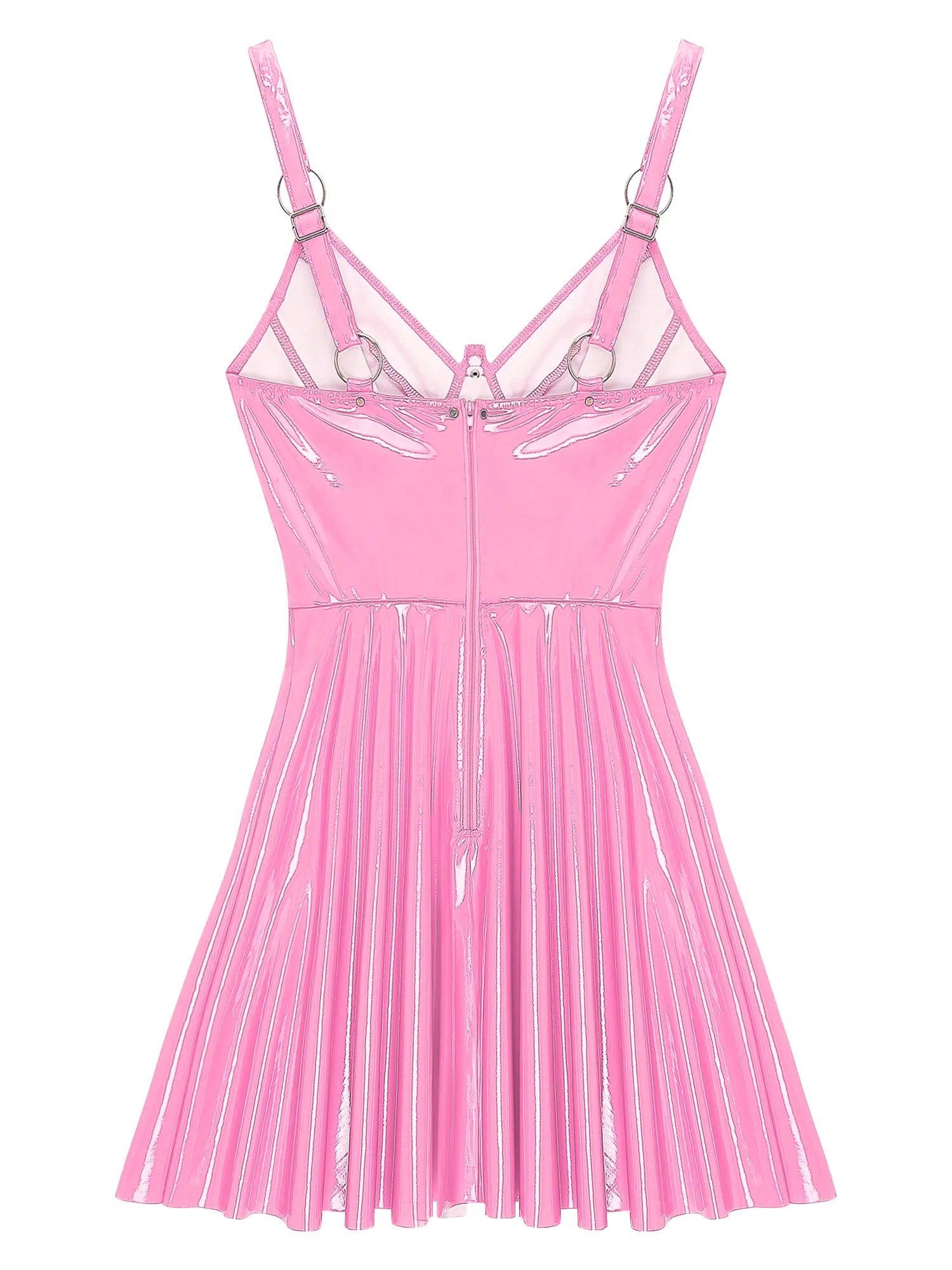Abito sottoveste in pelle verniciata Sexy effetto bagnato da donna O-Ring rivetti con spalline scollo a V Punk gotico a-line Mini abiti Rave Party Clubwear