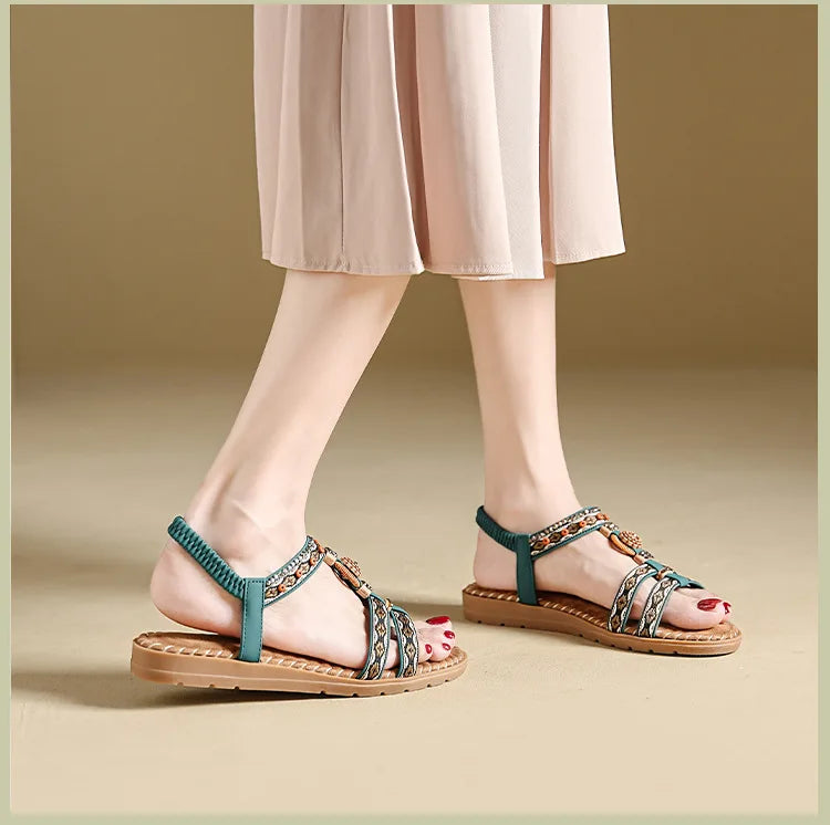 Elegante Damen-Sommersandale im Bohemian-Stil, rutschfest, bequem, für Alltag, Urlaub, flache Strandschuhe