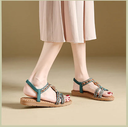 Elegante Damen-Sommersandale im Bohemian-Stil, rutschfest, bequem, für Alltag, Urlaub, flache Strandschuhe
