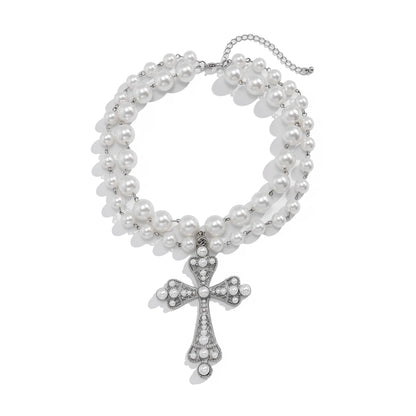 Ingemark multistrato Goth strass croce gesù ciondolo collana girocollo per le donne Vintage perline acriliche regalo di gioielli di Halloween
