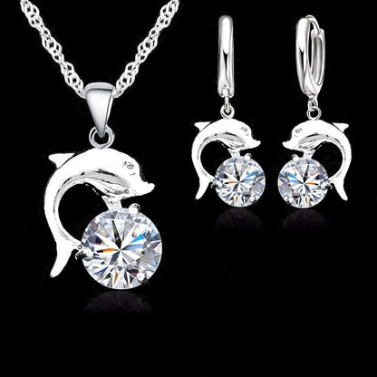Ensembles de bijoux pour femmes et jeunes filles en argent sterling 925, couleur, mariage, fiançailles, zircon cubique, pendentif dauphin, collier, boucles d'oreilles créoles