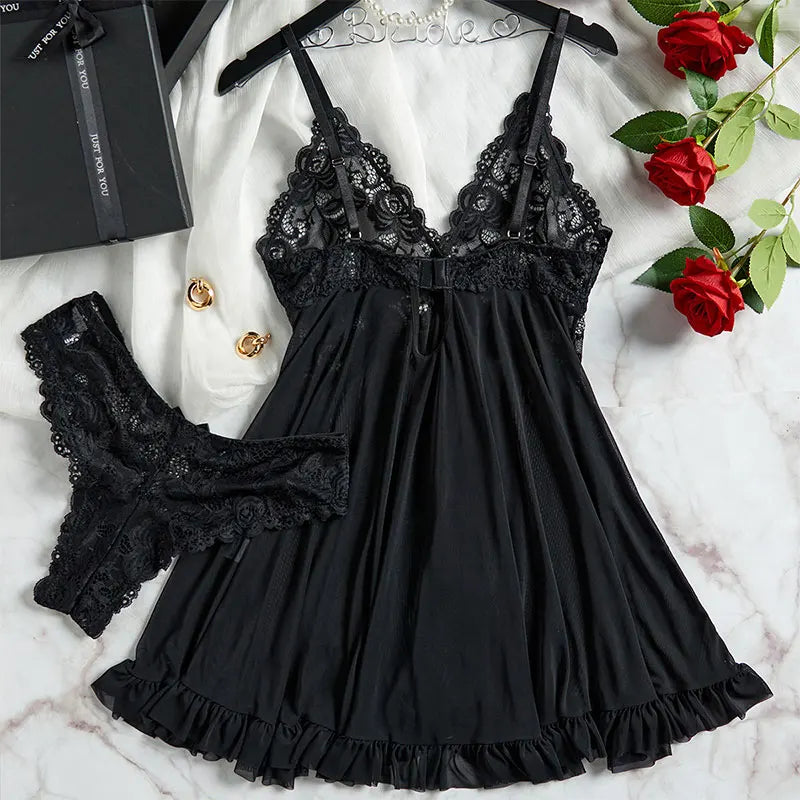 Pigiama lingerie erotica push up in pizzo a V profondo Set pigiama estivo sottile donna camicia da notte abito da notte caldo reggiseno sexy taglie forti perizoma da notte