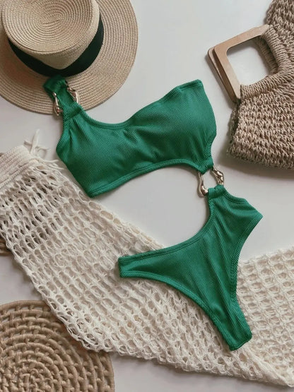 Maillot de bain une pièce pour femme, découpe anneau, coupe haute, coupe effrontée, monokini, maillot de bain une épaule côtelé