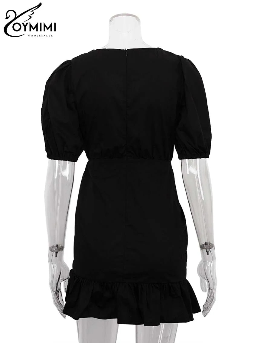 Oymimi Abito da donna casual in cotone bianco Elegante scollo a V Manica corta Abiti stringati Mini abiti a pieghe a vita alta