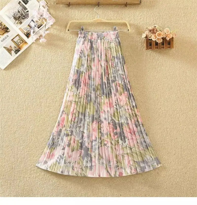 Nuova primavera e l'estate stile donna vita alta elastico stampato Chiffon pieghettato a-line gonna alla moda confortevole tutto-fiammifero