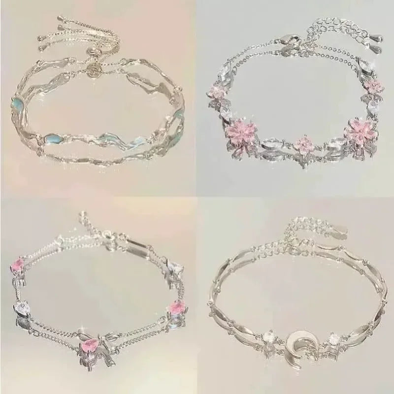 Braccialetti con fiori di ciliegio in cristallo rosa brillante per donne e ragazze, braccialetto con fiore a luna dolce e zirconi, gioielli estetici da festa