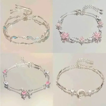 Braccialetti con fiori di ciliegio in cristallo rosa brillante per donne e ragazze, braccialetto con fiore a luna dolce e zirconi, gioielli estetici da festa