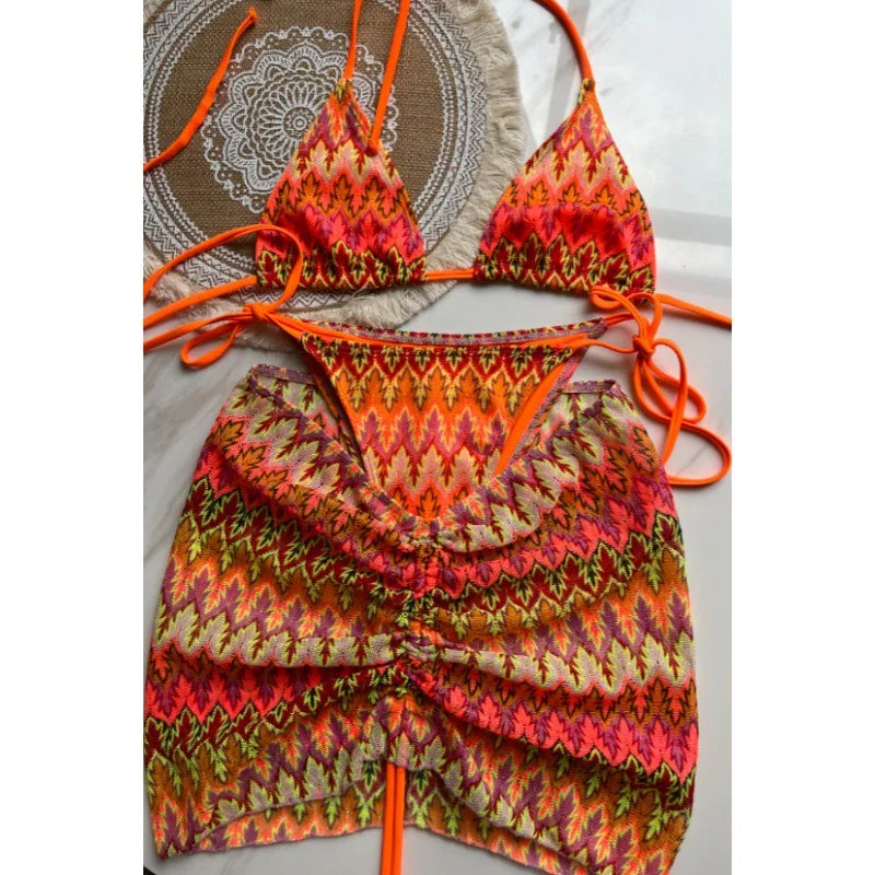 Costume da bagno estivo da donna nuovo, bikini lavorato a maglia in 3 pezzi con costumi da bagno con copertura avvolgente e scollo all'americana per le vacanze al mare