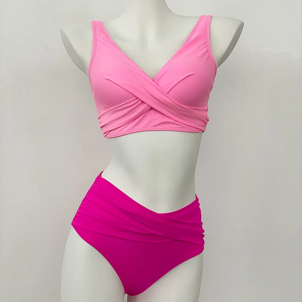 swimsuit ladies Women's High Waist  Bikini Sets Sporty Two Piece Swimsuits Solid Colors High Cut Bathing Suits Women Bikini Sets