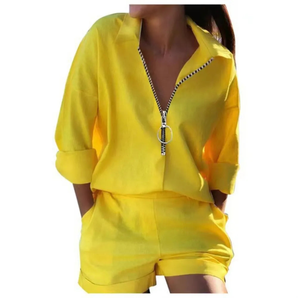 Camicie con stampa di lettere da donna estive Set da due pezzi Casual Collo rovesciato Manica lunga Camicette con cerniera Pantaloncini Abiti larghi Streetwear