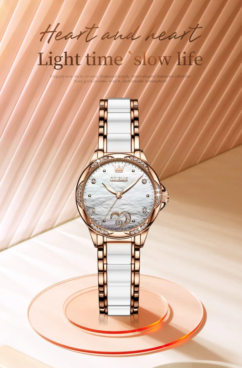 OLEVS 6631 Orologi automatici da donna Eleganti orologi da polso meccanici da donna impermeabili con cinturino in ceramica color oro rosa e lunetta con diamanti