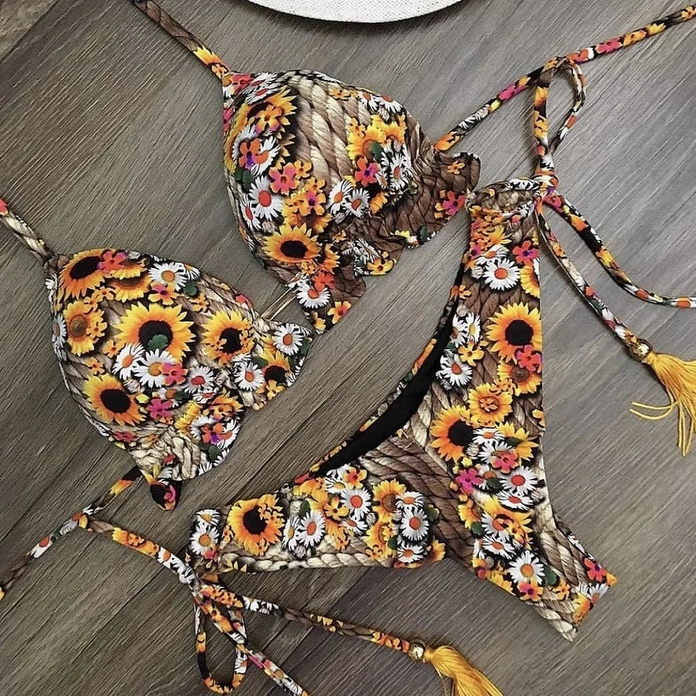 New sexy women's bikini split print swimsuit summer Brazil 2-piece beach swimsuit set
