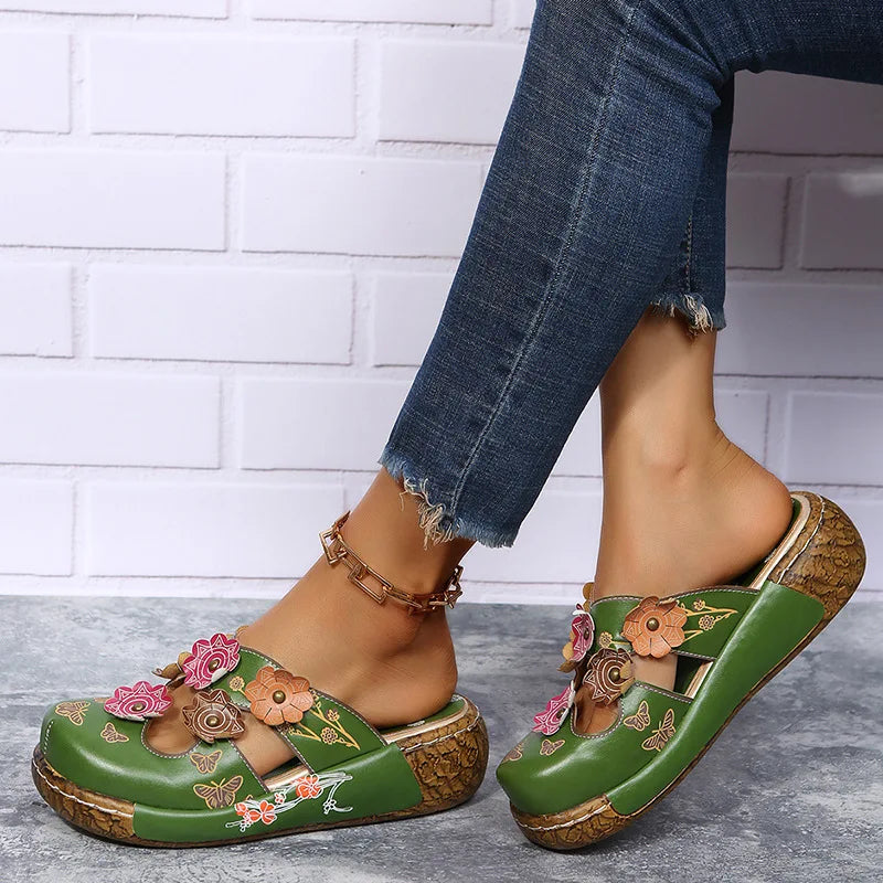 Damen-Sommersandalen mit Blumen im Ethno-Stil, Retro-Plateau-Hausschuhe, handgefertigt, bequem zum Gehen