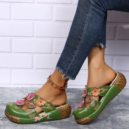 Damen-Sommersandalen mit Blumen im Ethno-Stil, Retro-Plateau-Hausschuhe, handgefertigt, bequem zum Gehen