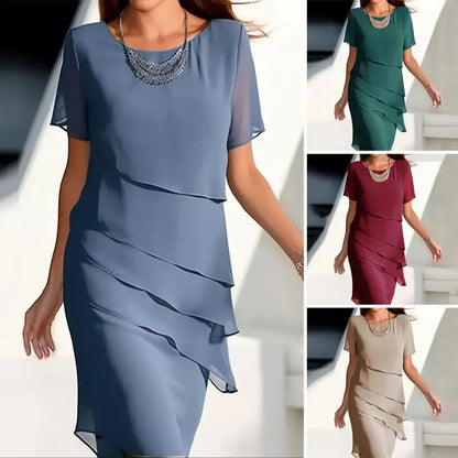 Abito da donna sottile con volant irregolare al ginocchio Abito da festa sottile estivo femminile in chiffon patchwork Abiti a maniche corte JYFS-1096