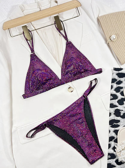 Costume da bagno donna oro glitterato 2026, bikini lucido due pezzi sexy con scollo a V, costume da bagno a vita alta senza schienale XMC185W