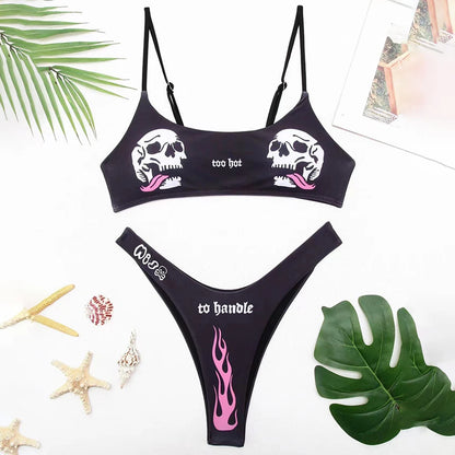 2025 Goth Swimsuit Two-piece Letters Skull Printed Bikinis Set for Women Micro Biquini Sport Bathing Suit Female Bodysuit