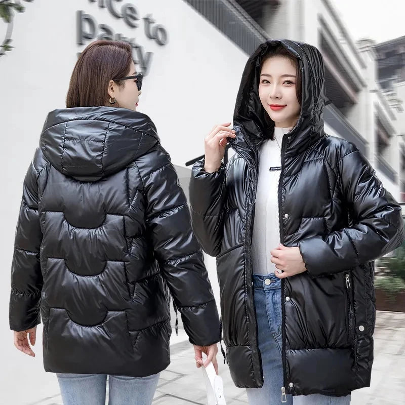 Nuova Giacca Invernale 2026 per Donna, Parka Lucido Imbottito in Cotone, Giacca Femminile Tinta Unita, Cappotto Caldo con Cappuccio