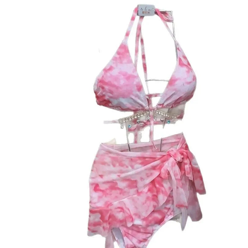 Costume da bagno bikini sexy per donna, stile vacanza al mare, mini abito a tre punti, piccolo petto snellente, ideale per il nuoto in spiaggia