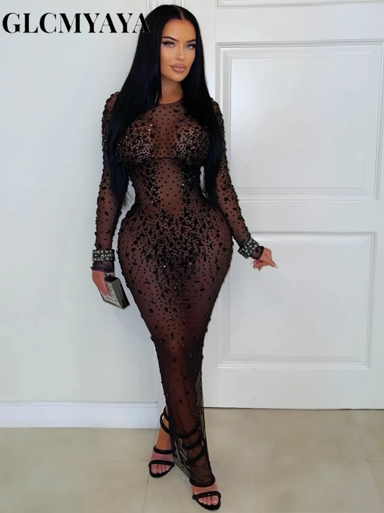 CM.YAYA Donne O-Collo Manica Lunga Maglia Diamanti Hot Strass Abito Lungo 2026 Compleanno Aderente Sirena Maxi Abiti Abiti