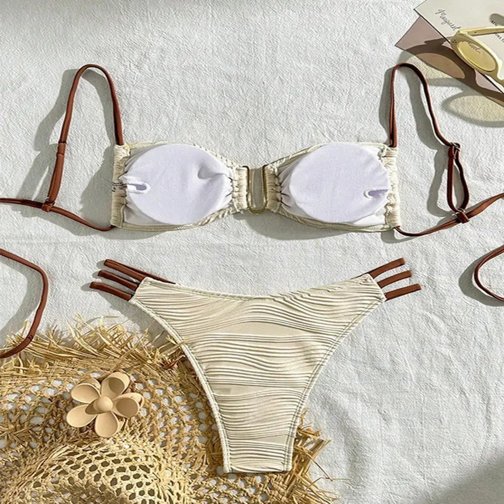 2 pezzi/set donna costume da bagno diviso bikini set fionda fascia reggiseno imbottito texture antirughe slip set moda costumi da bagno sexy