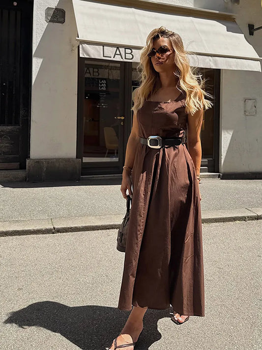 Cintura di moda Piega Abito lungo Donna Colletto quadrato Senza maniche Backless A-line Party Maxi Abiti 2025 Summer Office Lady Vestidos
