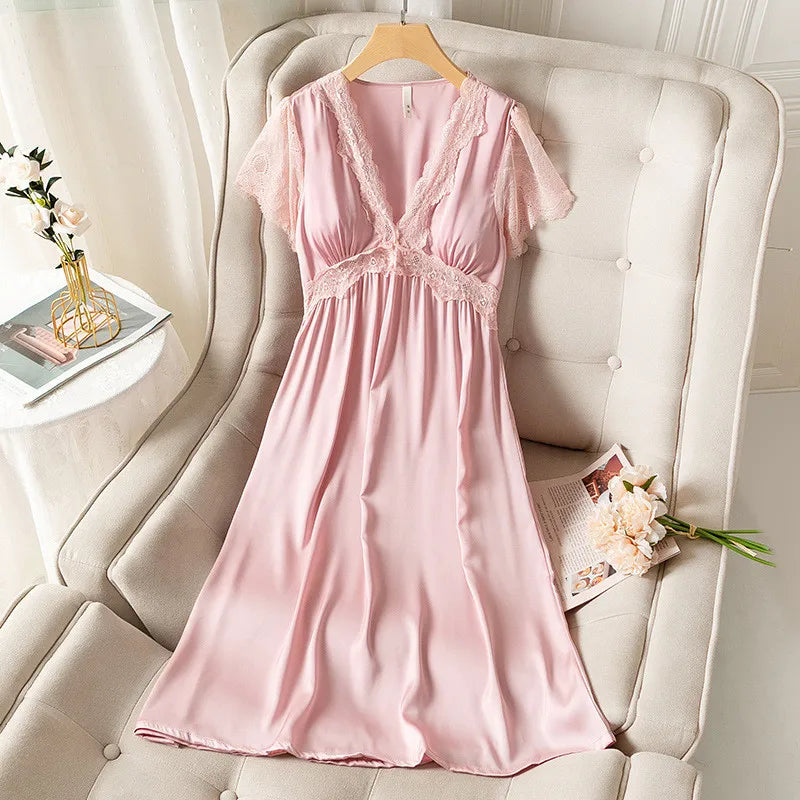 Fdfklak camicia da notte estiva da donna a maniche corte sottile in raso di seta Sexy nuova camicia da notte da notte da notte da donna in pizzo principessa