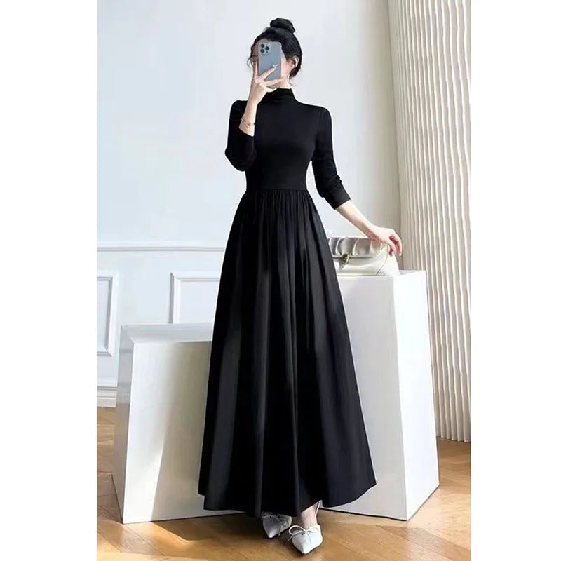 Lucyever Abiti a trapezio neri stile francese Abito longuette elegante a maniche lunghe a vita alta da donna Abito maxi slim fit autunno inverno