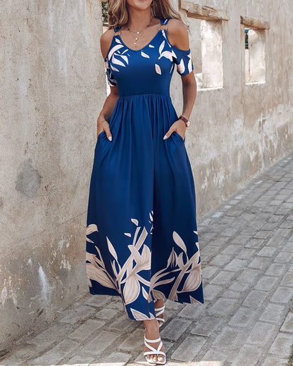 Abito estivo da donna con stampa Moda sexy scollo a V manica corta con spalle scoperte Abiti maxi eleganti casual Clubwear femminile Abito casual