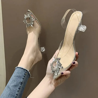 Sandali con tacco alto a punta da donna estivi Pantofola in vetro trasparente Tacco spesso Scarpe alla moda a forma di vetro da vino