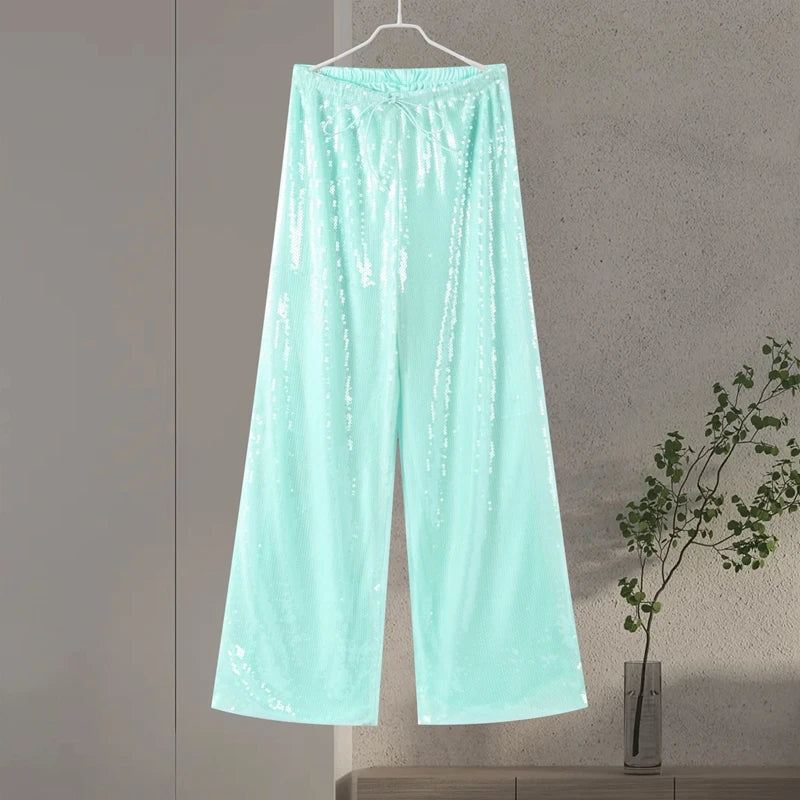 Pantaloni da donna con paillettes, vita bassa elastica, gamba larga, con lacci, estivi 2026, lucidi, vestibilità ampia, per club e feste