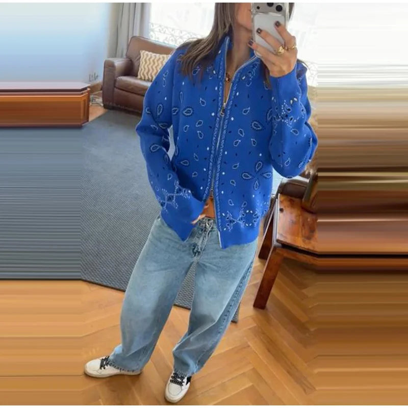 Giacca in maglia con stampa paisley per donna, colletto alto, maniche raglan, chiusura a zip, tasca frontale, cardigan autunnale 2026, giacca retrò ampia.