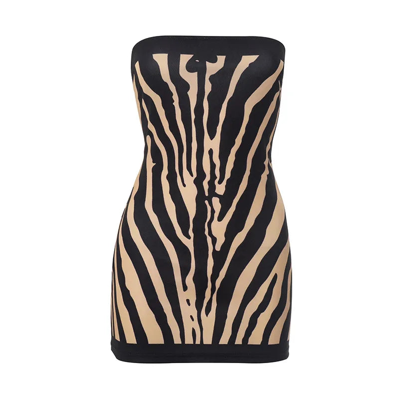 Mini abito a righe zebrate senza spalline senza schienale da donna Abiti autunno inverno con spalle scoperte Abiti aderenti senza maniche Vestido