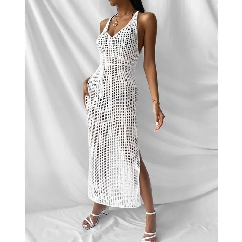 New Women's Sexy Knitted Midi Dresses Summer Elegant Beachwear Hollow Out Fishnet Bikini Cover-ups Vacation Long Dress for Girls