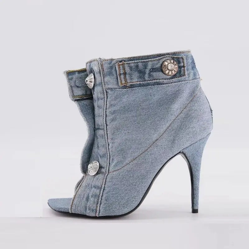 Summer Sandals Stiletto Heel Ladies Shoes Peep Toe Pumps Woman Brand Design Pumps Classic Blue Denim Boots Plus Size 43