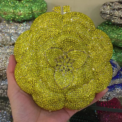 Pochette da sera con strass rosa/verde con fiore rosa Borse da sera da donna in cristallo giallo floreale Pochette da sposa per festa di nozze