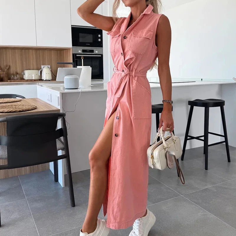 Abito elegante in denim solido con lacci e colletto in risvolto Abito lungo sottile con tasca senza maniche casual Abiti da festa in vita con bottoni alla moda da donna