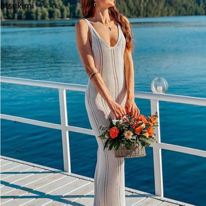 Nouvelle robe longue d'été tricotée pour femme, sexy, évidée, sans manches, ajustée, élégante, dos nu, cache-bikini