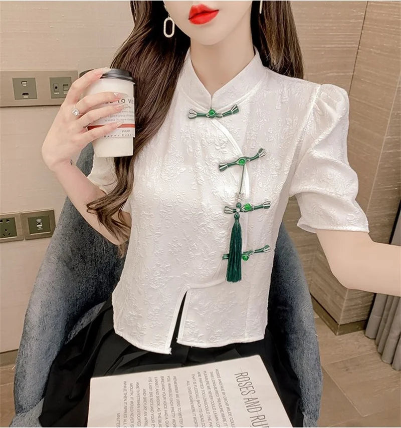Camicie in stile cinese Maniche corte Donna Nuovo cappotto Estate 2025 Senso Design Nicchia Manica a palloncino Cardigan Top irregolari Donna