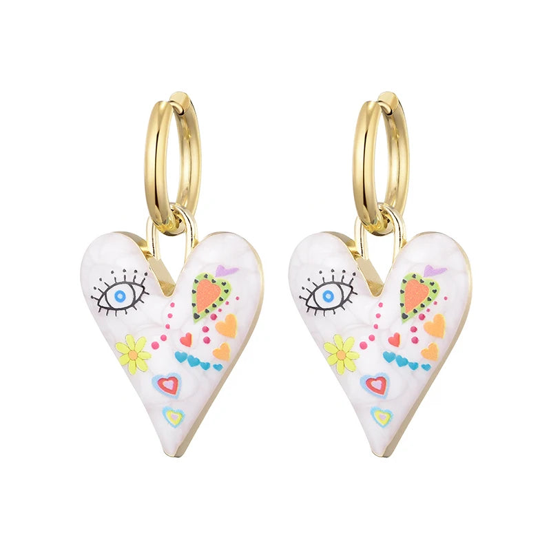 Nuovi orecchini a cerchio in acciaio inossidabile con occhio di cuore carino alla moda per le donne Gioielli femminili di amore con pendente color oro smaltato vintage colorato