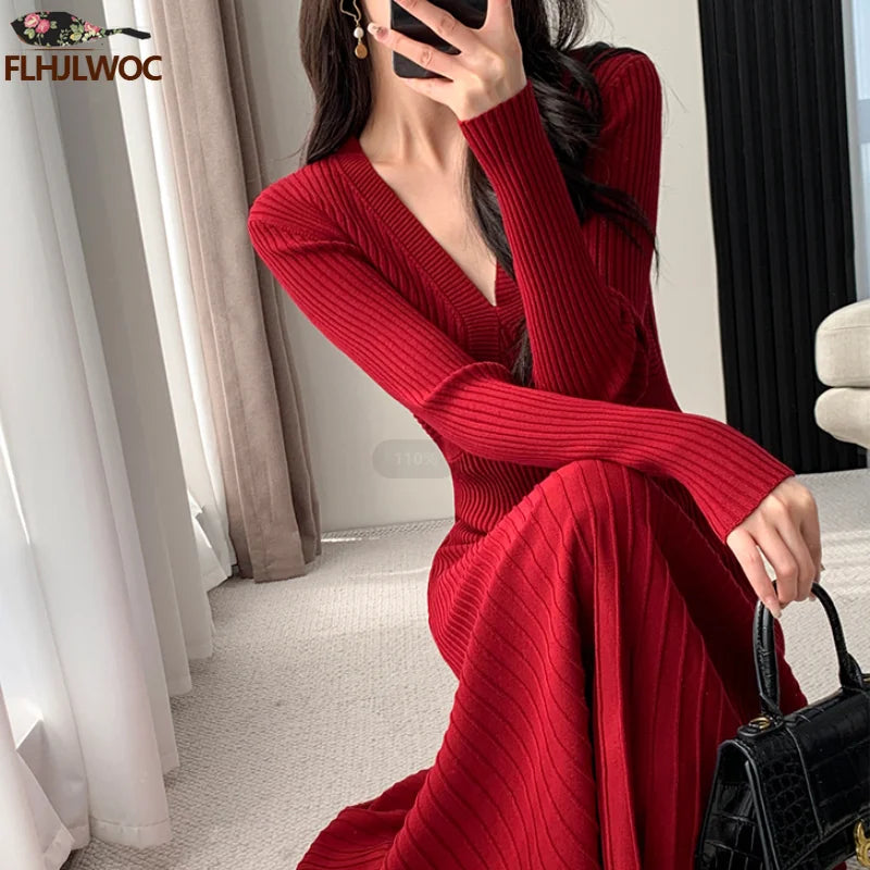 Inverno primavera abbigliamento di base donna capodanno rosso stile francese Design Slim Fit una linea scollo A V maglione lavorato A maglia abito lungo Maxi abiti