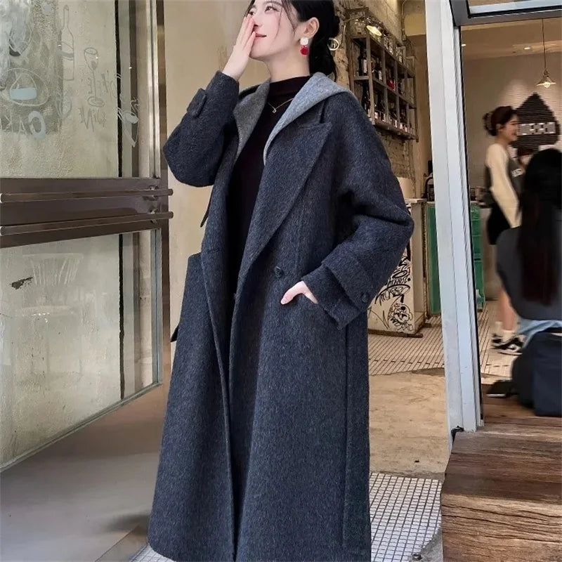Giacca Invernale da Donna a Maniche Lunghe in Lana, Cappotto Casual di Alta Qualità per l'Autunno, Moda Coreana Femminile, Cappotto in Lana con Cappuccio e Vestibilità Comoda