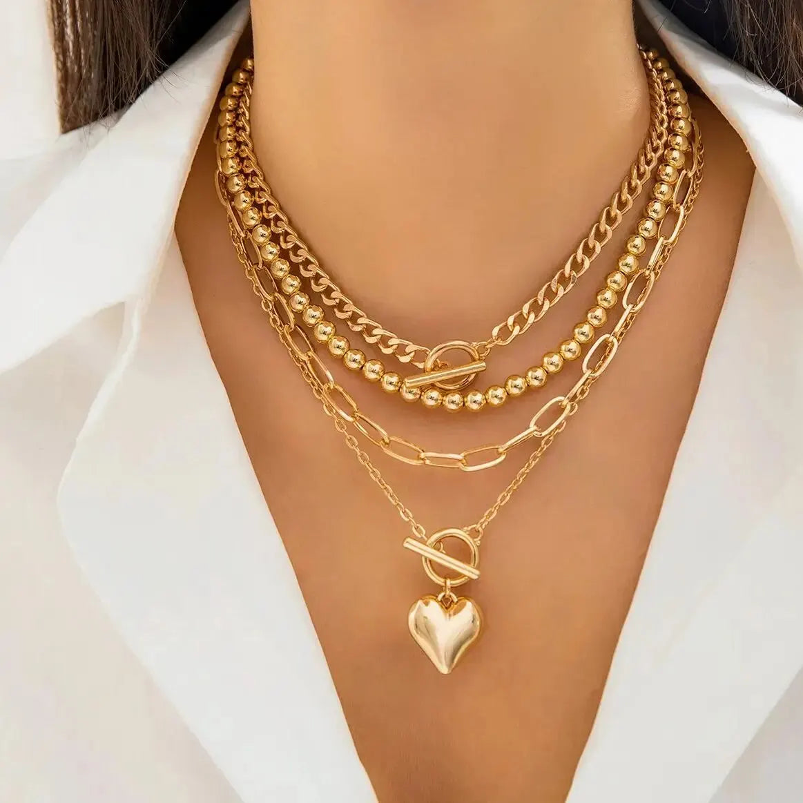 4 Pz/set Punk Color Oro Collana con Ciondolo a Cuore per Le Donne 2024 Alla Moda OT Fibbia In Rilievo Collo Catena Girocollo Y2K Accessori di Gioielli