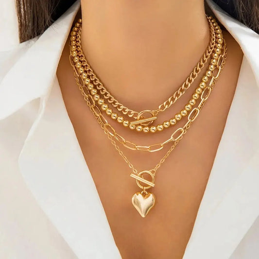 4 Pz/set Punk Color Oro Collana con Ciondolo a Cuore per Le Donne 2024 Alla Moda OT Fibbia In Rilievo Collo Catena Girocollo Y2K Accessori di Gioielli
