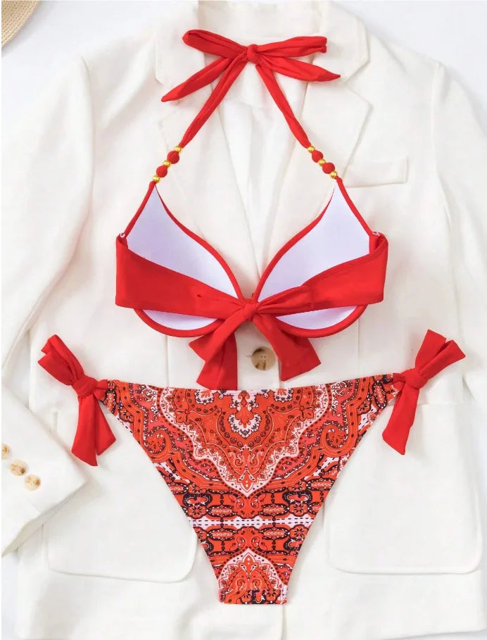 Costume da bagno bikini push-up halter stampato 2026 da donna, sexy, con spalline, per il mare e la piscina