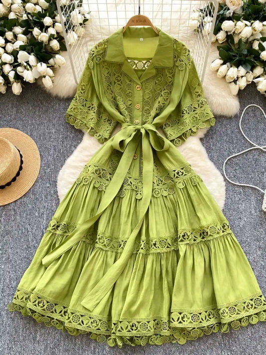 Abiti midi scavati di lusso Camicia da donna Vacanza estiva Elegante bottone monopetto Cintura in pizzo Ricamo Vestido lungo da festa