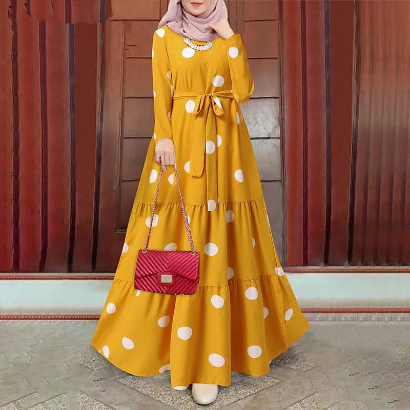 Vestito da donna Eid musulmano Abaya manica lunga O collo Dubai Abaya Ramadan marocco cintura con stampa impiombata abito lungo caftano Casual allentato